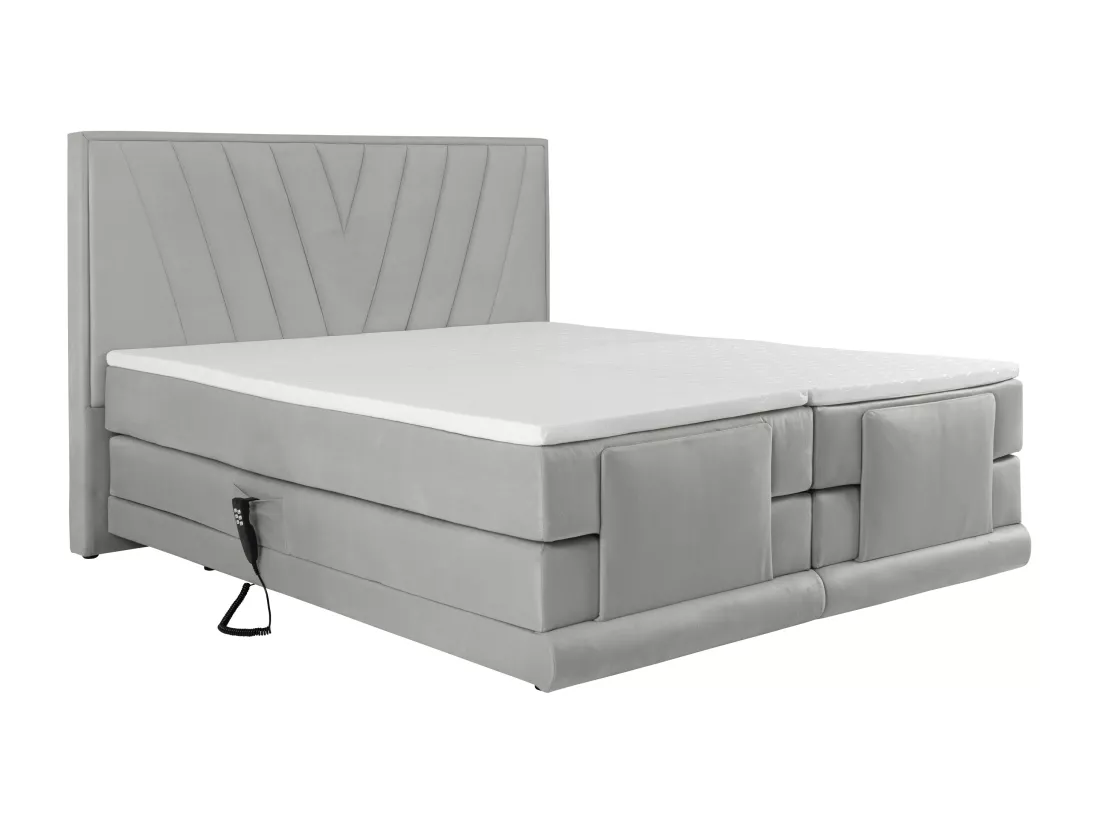 Ensemble complet boxspring tête de lit + sommiers relaxation électrique + matelas + surmatelas - 2 x 90 x 200 cm - Velours - Gris clair - LUMONI de YSMÉE