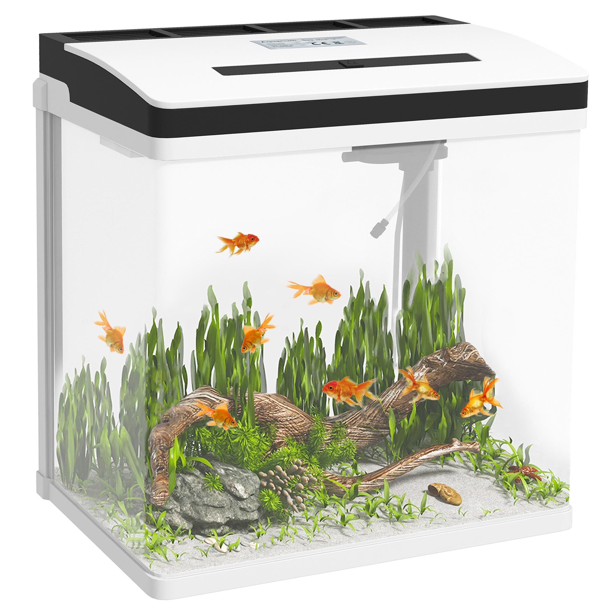 Aquário de vidro PawHut de 28 litros, pequeno, com sistema de filtragem, iluminação LED e bomba de água, 38 x 26 x 39,5 cm, branco.