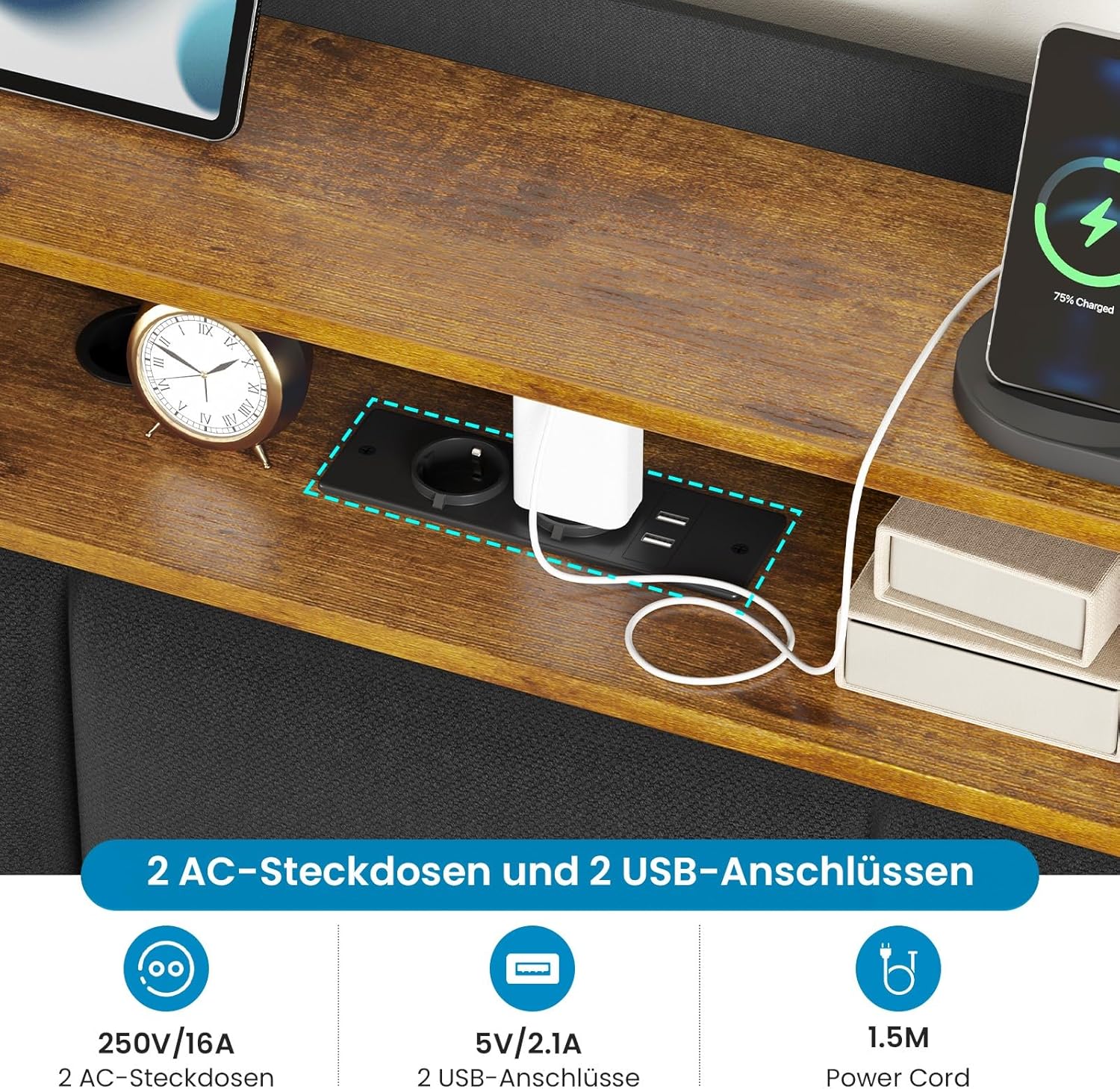 Polsterbett 140x200 cm Schwebebett mit LED-Beleuchtung, Kopfteil und Ladestation(2 AC-Steckdosen, 2 USB-Anschlüsse), Bett 140x200 mit Stauraum, Modern Doppelbett mit lattenrost, Leinen, Grau