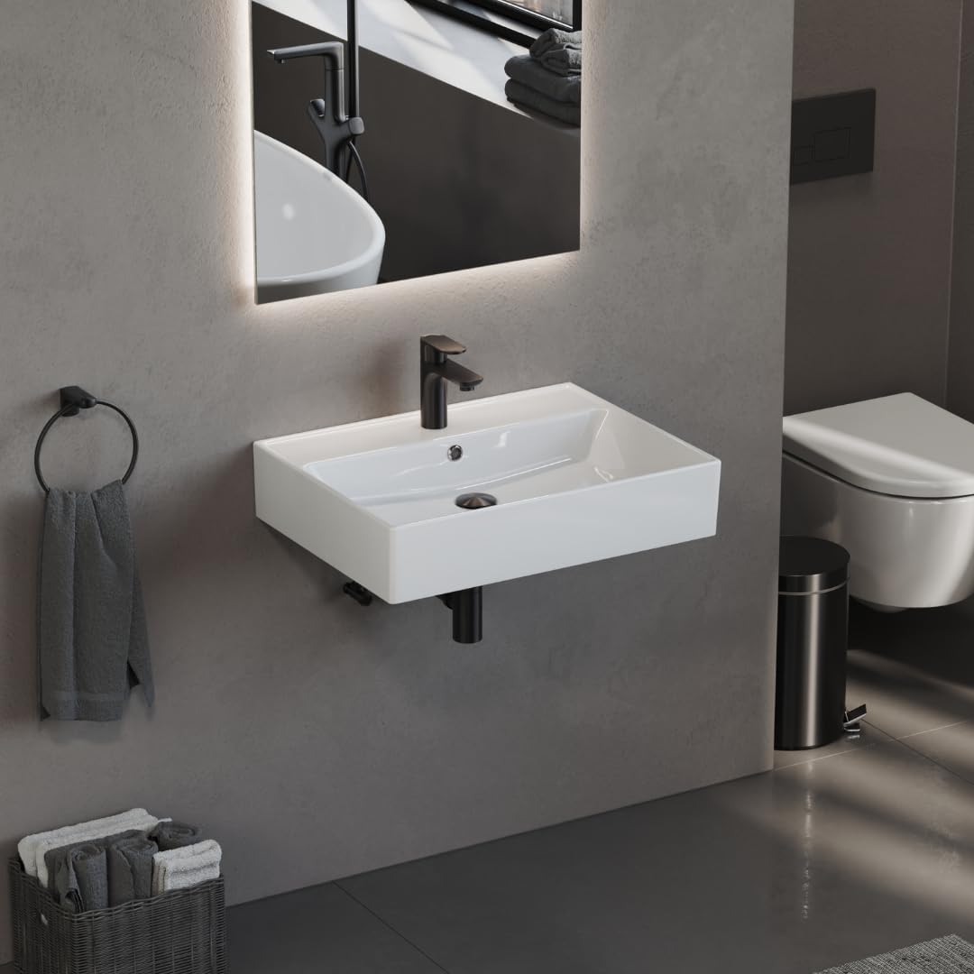 Aqua Bagno 60 cm Keramik Waschbecken Bad – modernes Aufsatzwaschbecken fürs Badezimmer, rechteckiger Waschtisch mit dünnem Rand zur Wandmontage, pflegeleichte Oberfläche, platzsparendes Eckwaschbecken