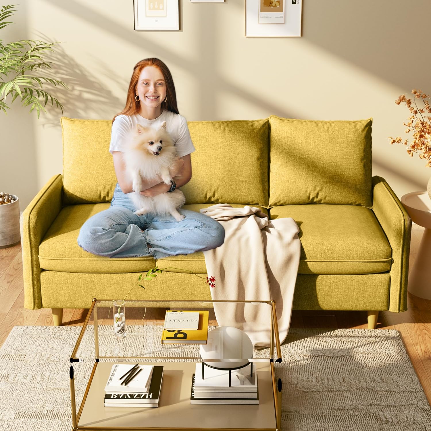 3-Sitzer +2-Sitzer Sofa, Kleines Sofa mit Massivholzbeinen und Seitentaschen, Abnehmbare Bezüge, Kurzplüschstoff Couch für Wohnzimmer, Schlafzimmer, Büro, Wohnung,Gelb (221+147 cm)