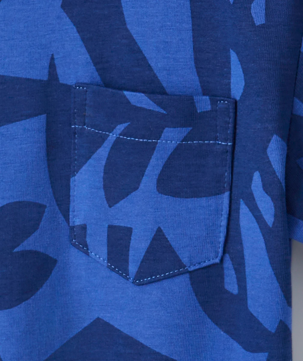 T-SHIRT GARÇON EN COTON BIO BLEU IMPRIMÉ FEUILLAGE