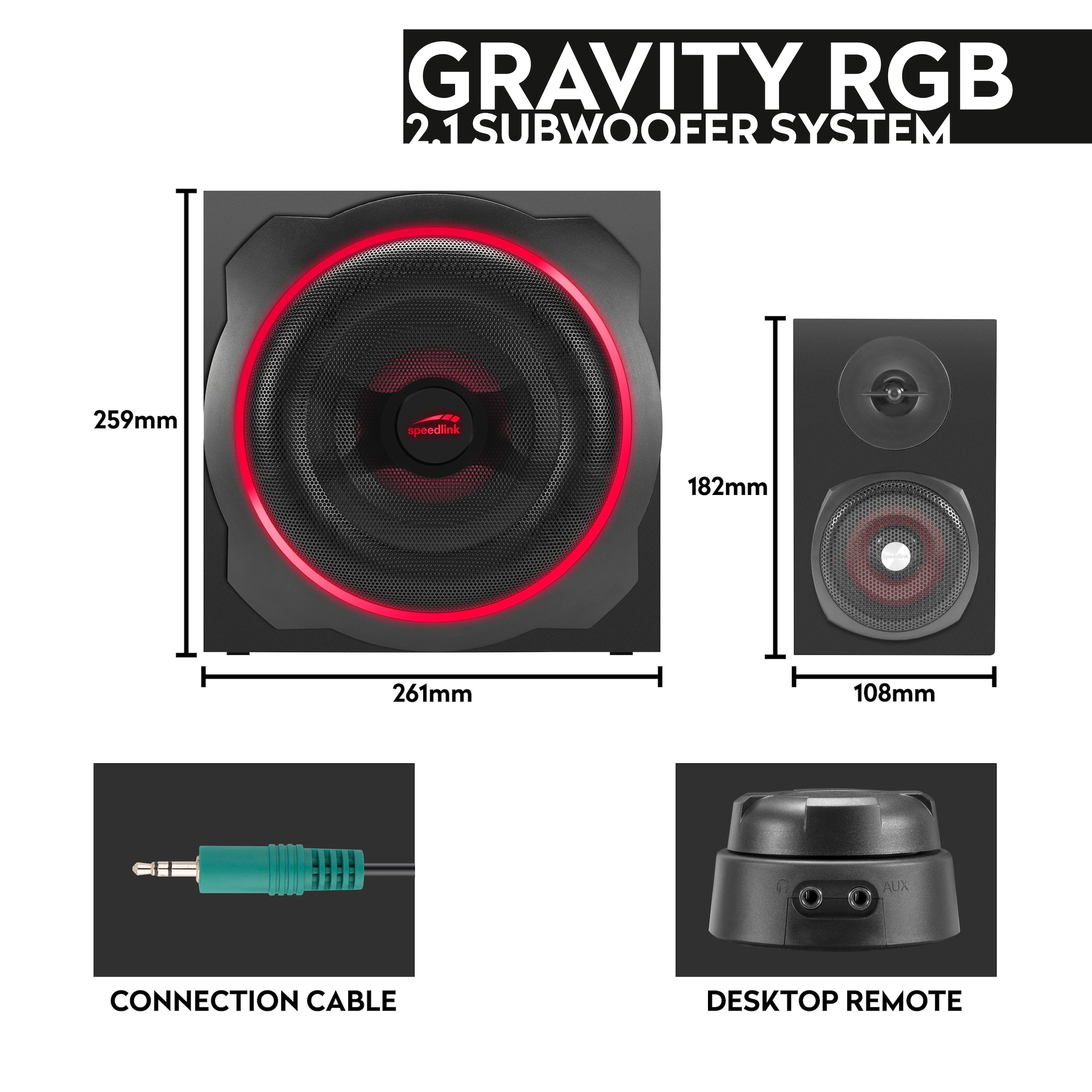 Speedlink 2.1 Soundsystem »GRAVITY LT RGB Subwoofer System aus Holz mit Bluetooth« 2.1 ( ) 40 W RMS, 80 W Spitzenleistung, 3,5mm Klinke, RGB-Tischfernbedienung