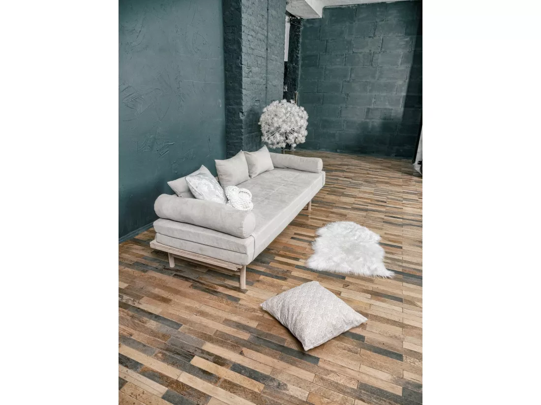 Canapé Lit Convertible Design en Tissu Beige et Bois Crème