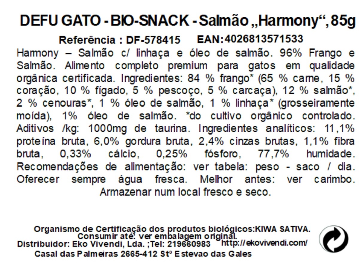 COMIDA HÚMIDA BIO GATO DEFU SALMÃO HARMONY 85G
