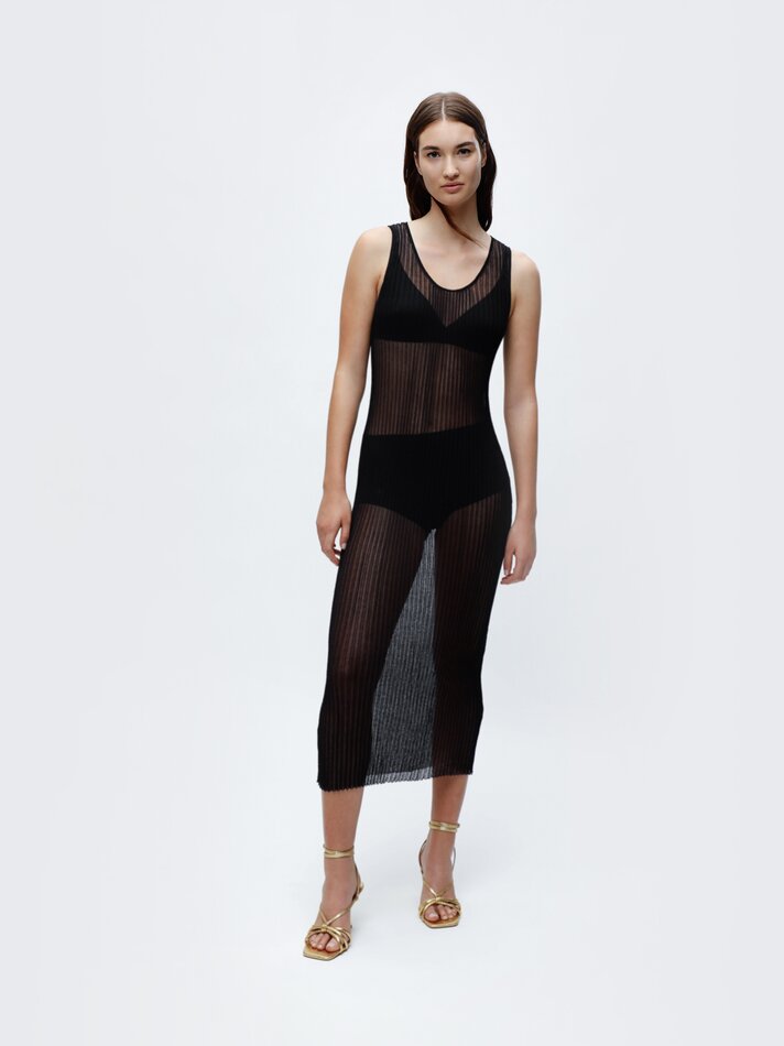 Vestido longo com detalhes transparentes - Preto