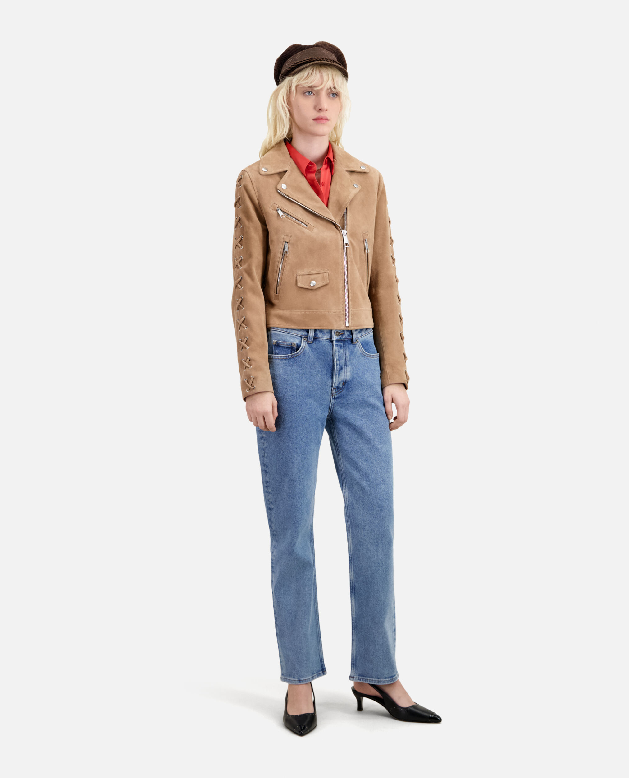 Beige suede leather biker jacket