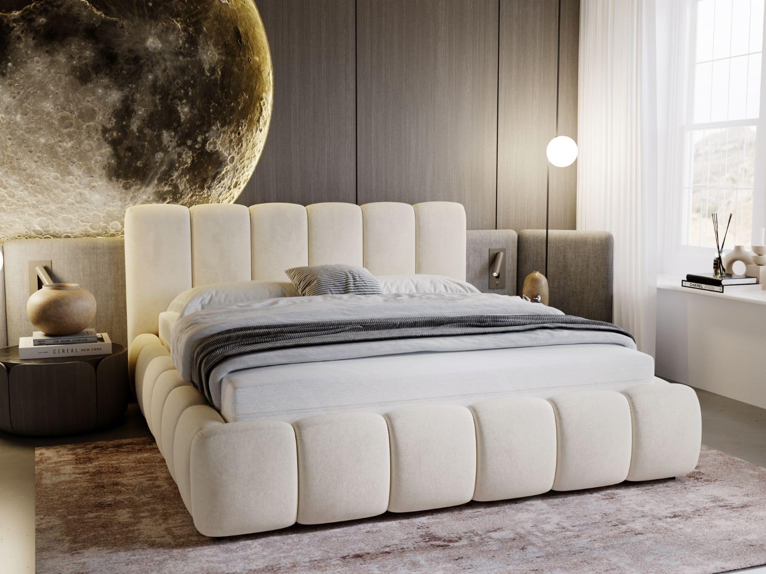 GRAINGOLD Cloud Bett 180x200, Polsterbett mit Bettkasten, Polsterbett mit Stauraum, Samt, mit Lattenrost, mit Kopfteil, ohne Matratze (Beige, 180x200)