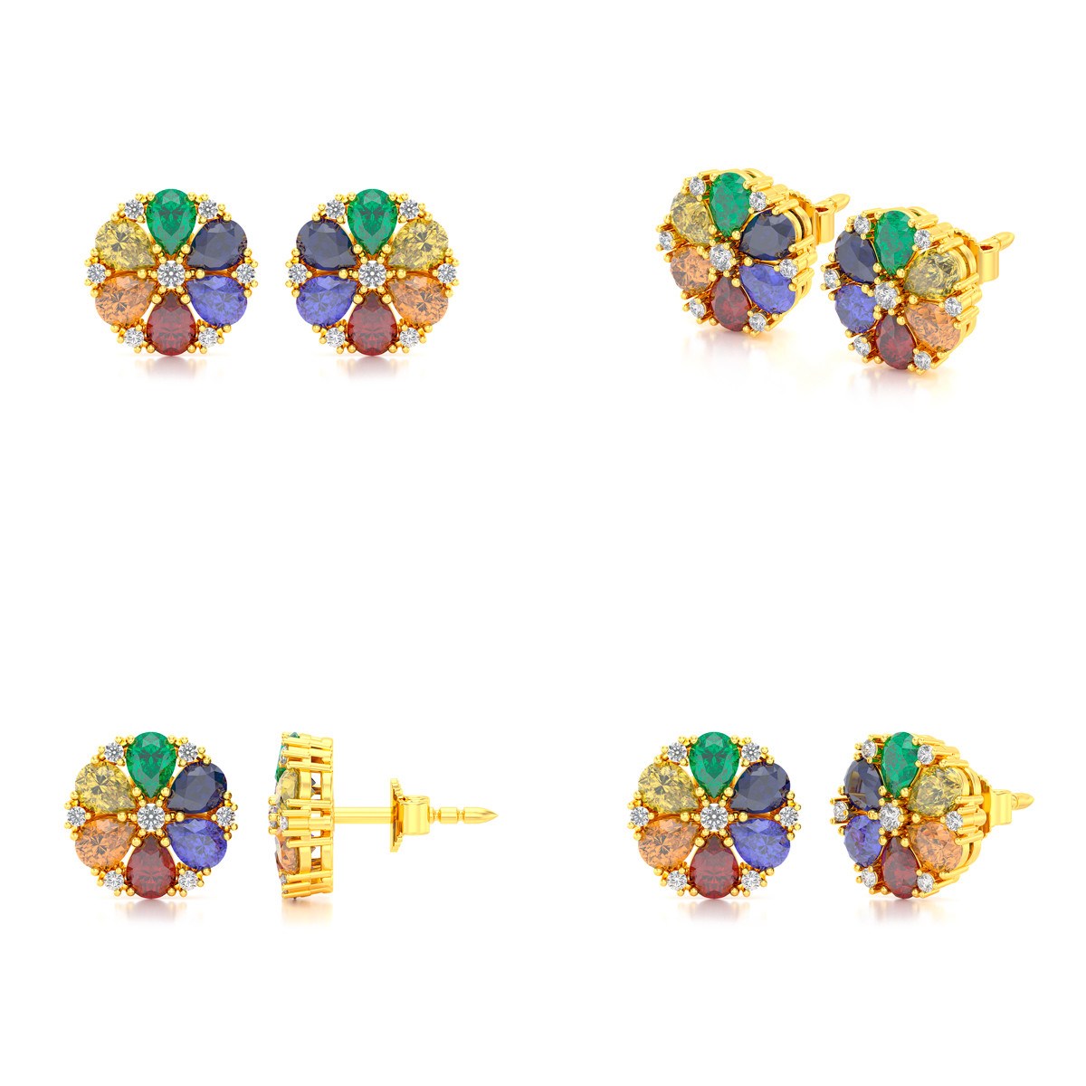 Boucles d'oreilles ADEN Or 585 Jaune Multi-Pierres précieuses et Diamant 2.74grs