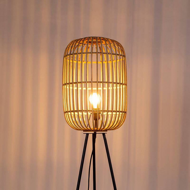 Landelijke vloerlamp zwart met rotan - Manila