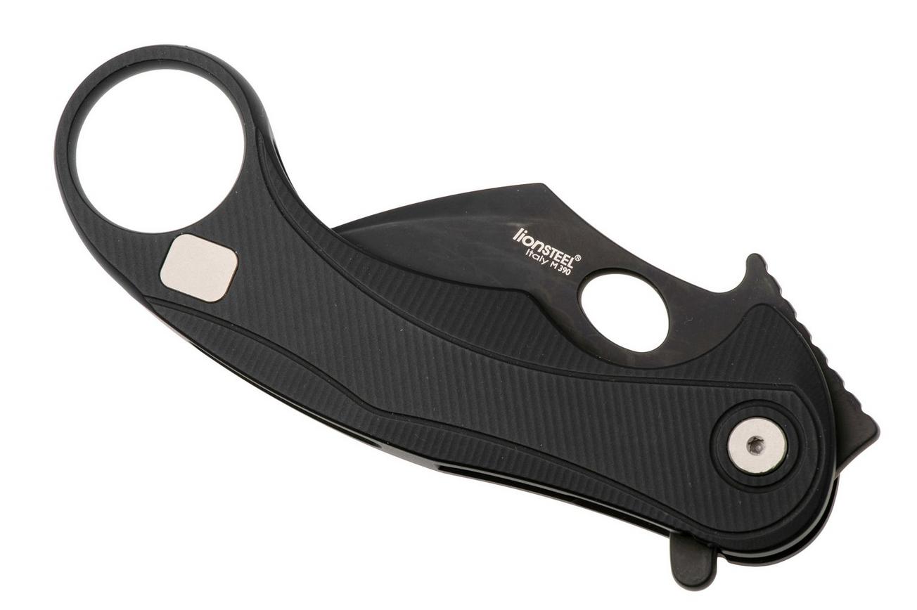 LionSteel L.E.One Mid LE2-BB, Old Black M390, Black Aluminum, karambit zakmes