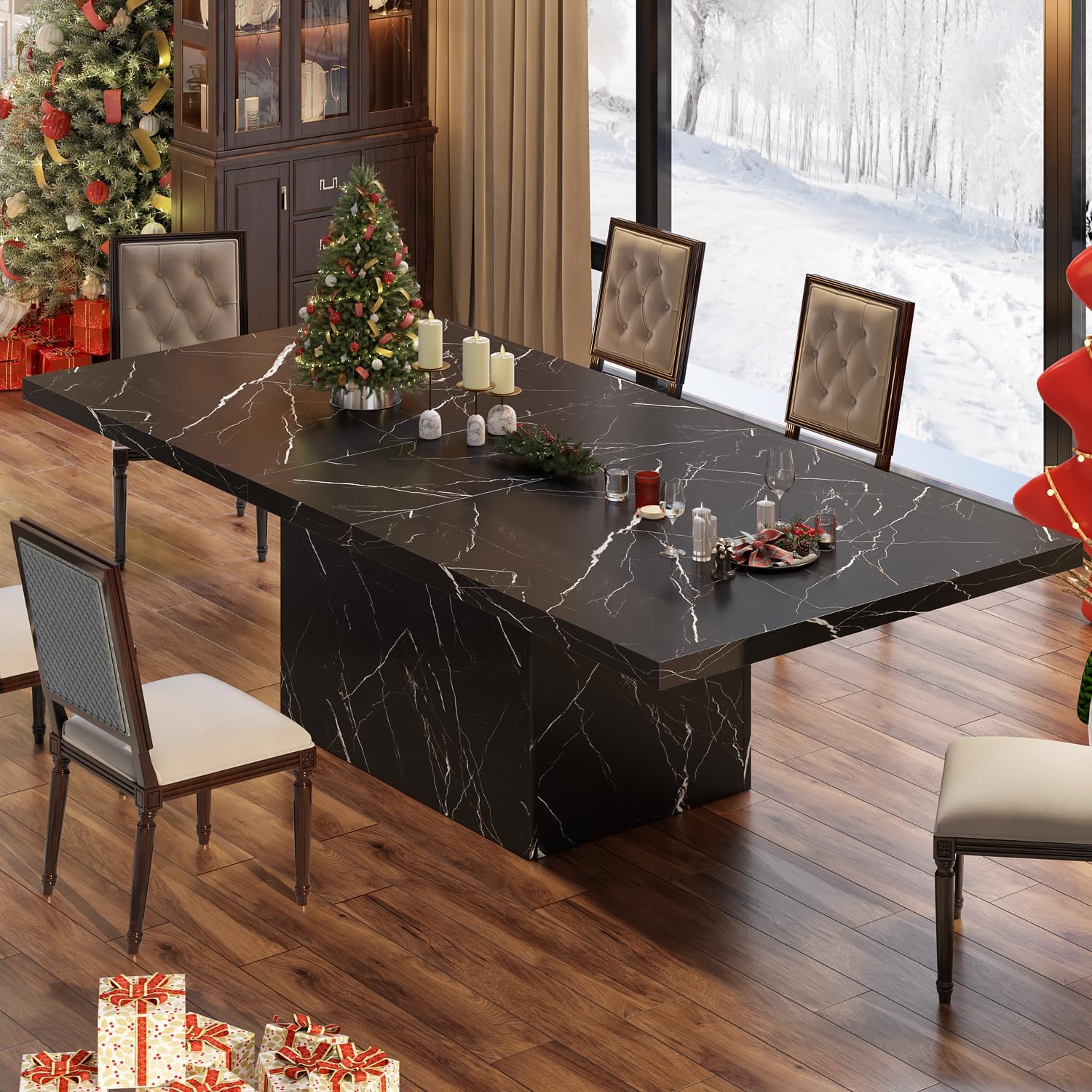 HSH Schwarzer Esstisch, Moderner Küchentisch aus Holz Design, Großer Tisch für 6 bis 8 Personen, Rechteckig Esszimmertisch Holztisch für Zuhause, Büro, Wohnzimmer, Schwarz 180 cm