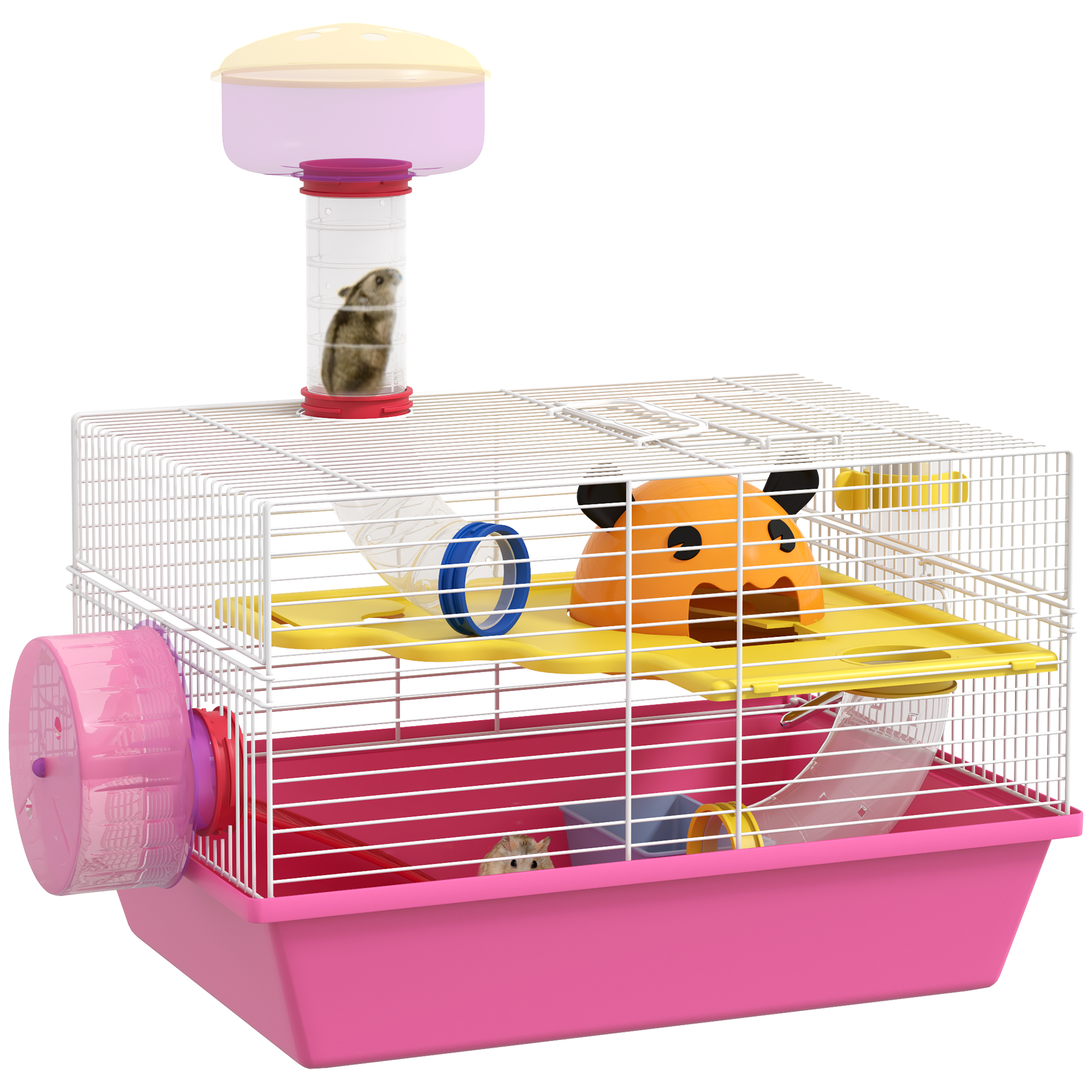 Gaiola PawHut para Hamster, Casinha para Pequenos Animais com Bebedouro, Roda de Exercícios, Torre de Observação e Casinha, 34x27x25 cm, Rosa
