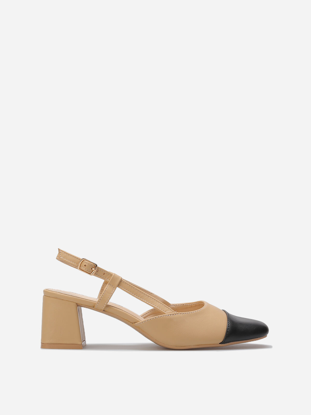 Escarpins slingback bicolore à talon carré- Beige