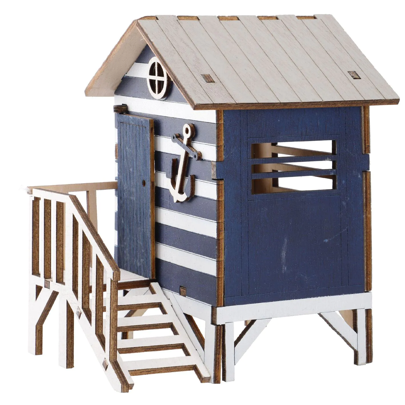Holz-Strandhaus, blau, 16 cm