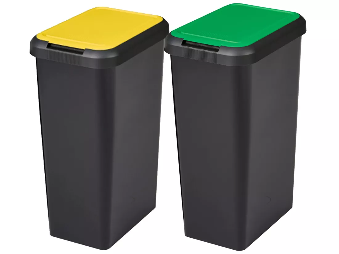 Réglez 2 bacs noirs Touch & Lift 90 litres avec couvercle jaune / vert