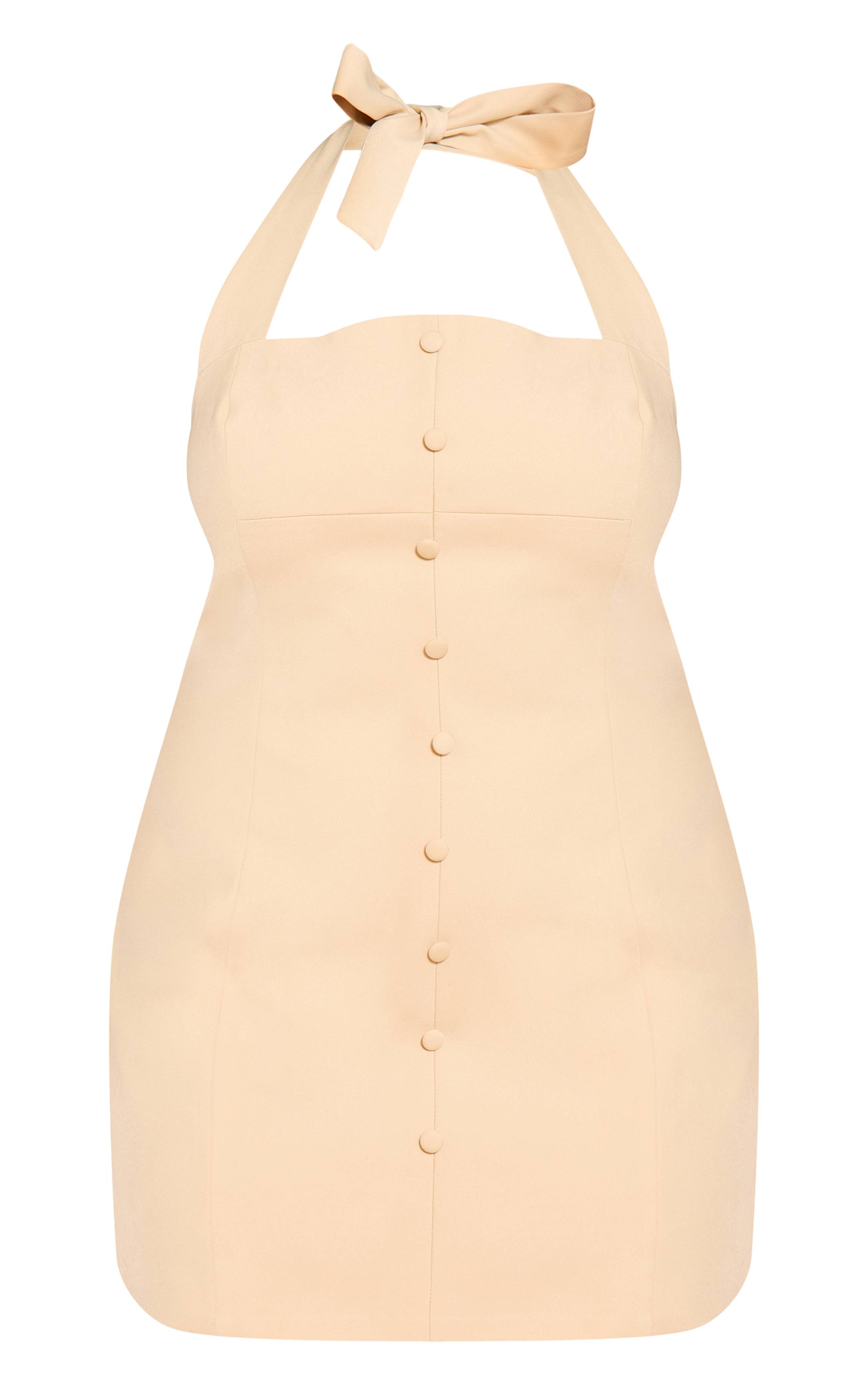 Amande Robe Courte Grande Taille Tissée Col Licou Détails Boutons