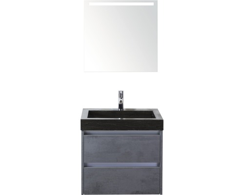 Sanox Dante badkamermeubelset (B x H x D): 61 x 170 x 45,5 cm, frontkleur: beton antraciet, met zwarte natuurstenen wastafel en natuurstenen badmeubel, spiegel met LED-verlichting en wastafelmeubel.