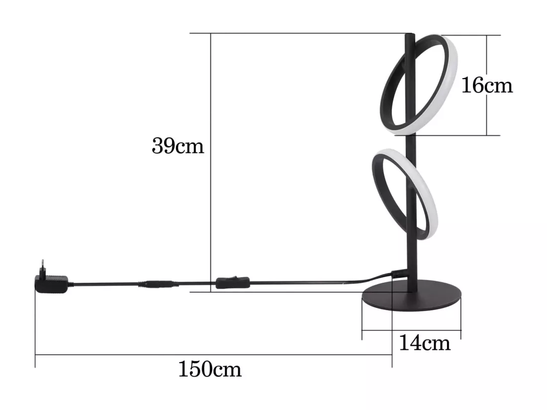 NETTLIFE Lampe de Table Moderne LED Noir Anneaux Amovibles 13W 3000K Blanc Chaud étude Amovible