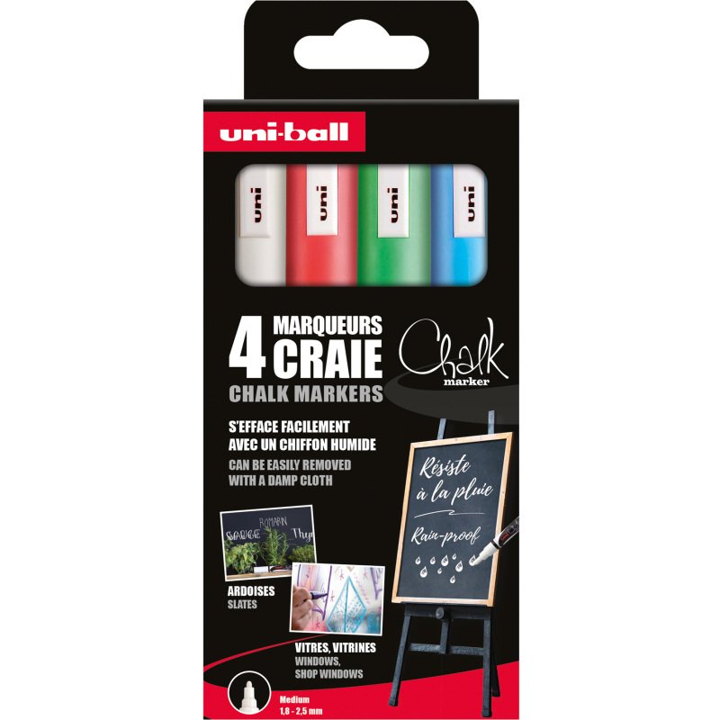 Marqueur craie effaçable Uni-Ball Chalk pointe ogive de 1,8 à 2,5 mm- Pochette de 4 couleurs classiques assorties