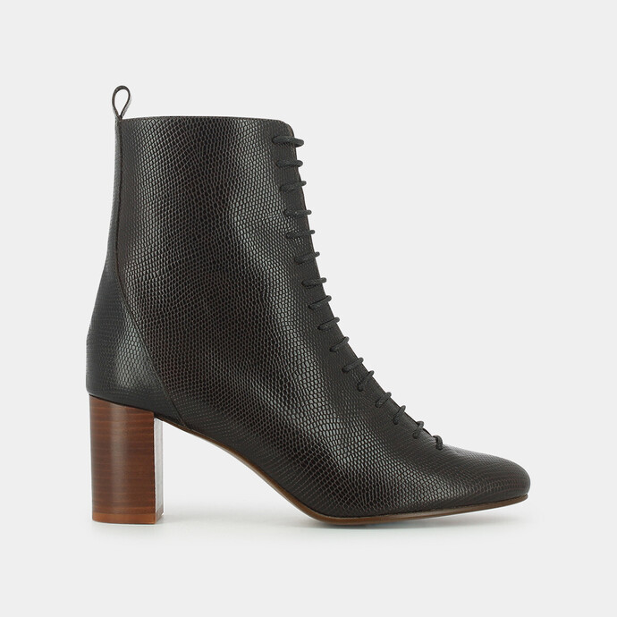 Bottines à talon et à lacets  en lézard marron