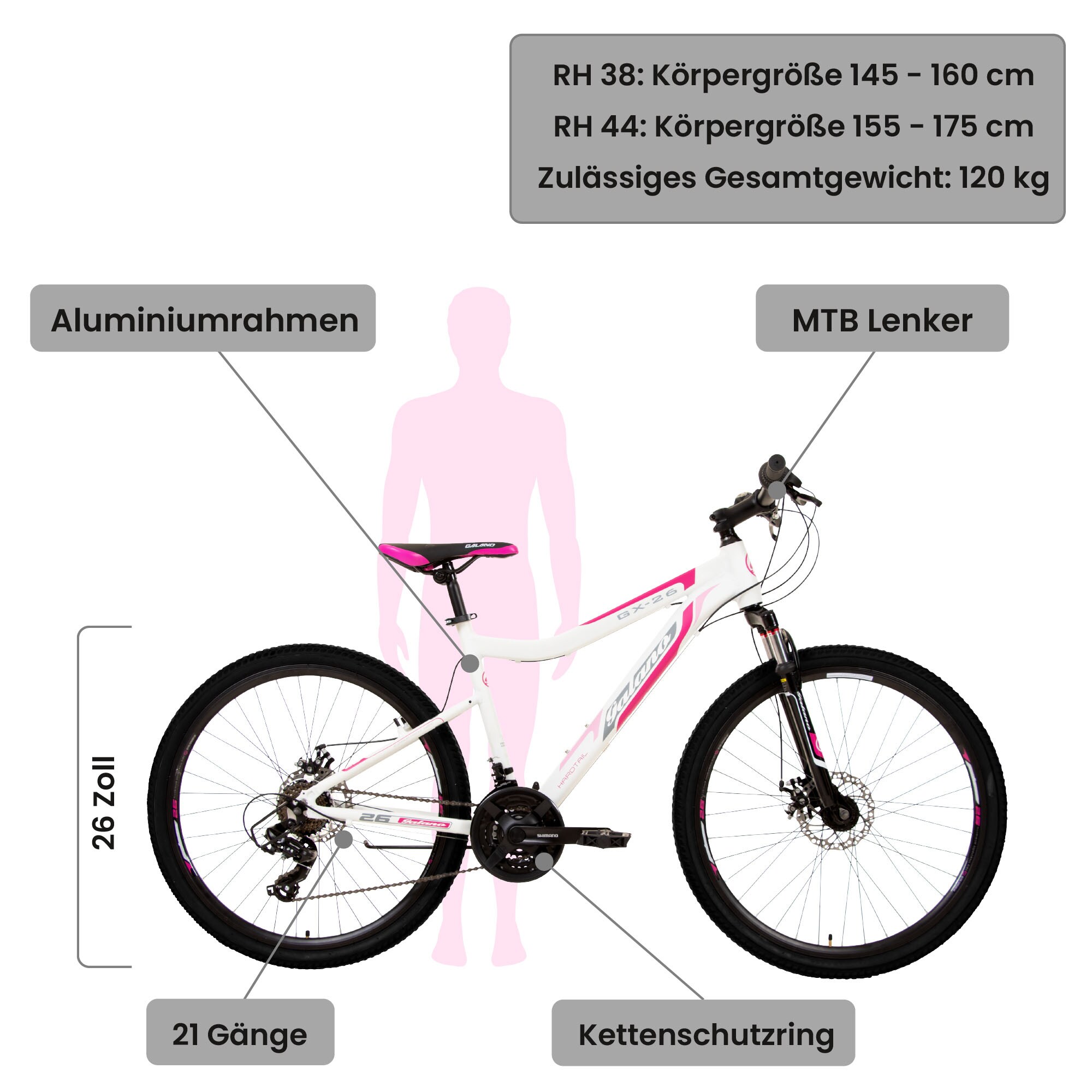 Galano GX-26 Mountainbike 26 Zoll Jugendliche Erwachsene 145 - 175 cm MTB Hardtail Fahrrad