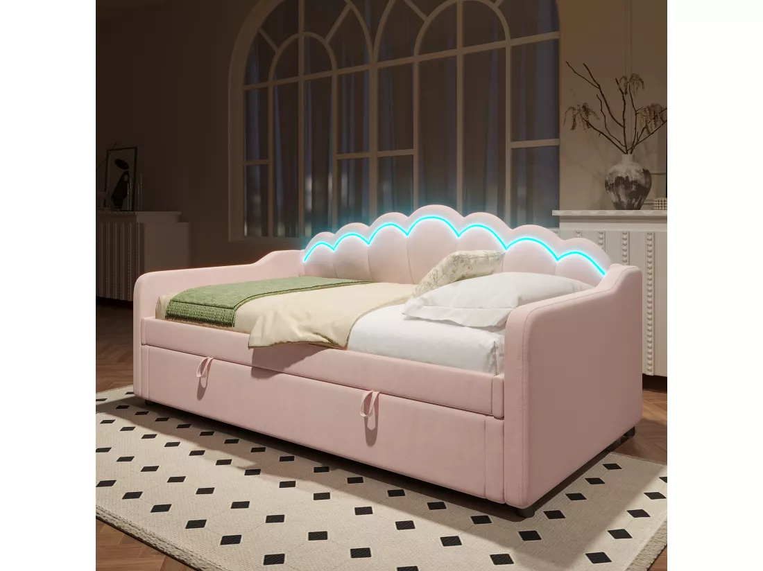 Canapé-lit coffre 90x200cm - Lumière LED changeante de couleur - Velours - rose (sans matelas)
