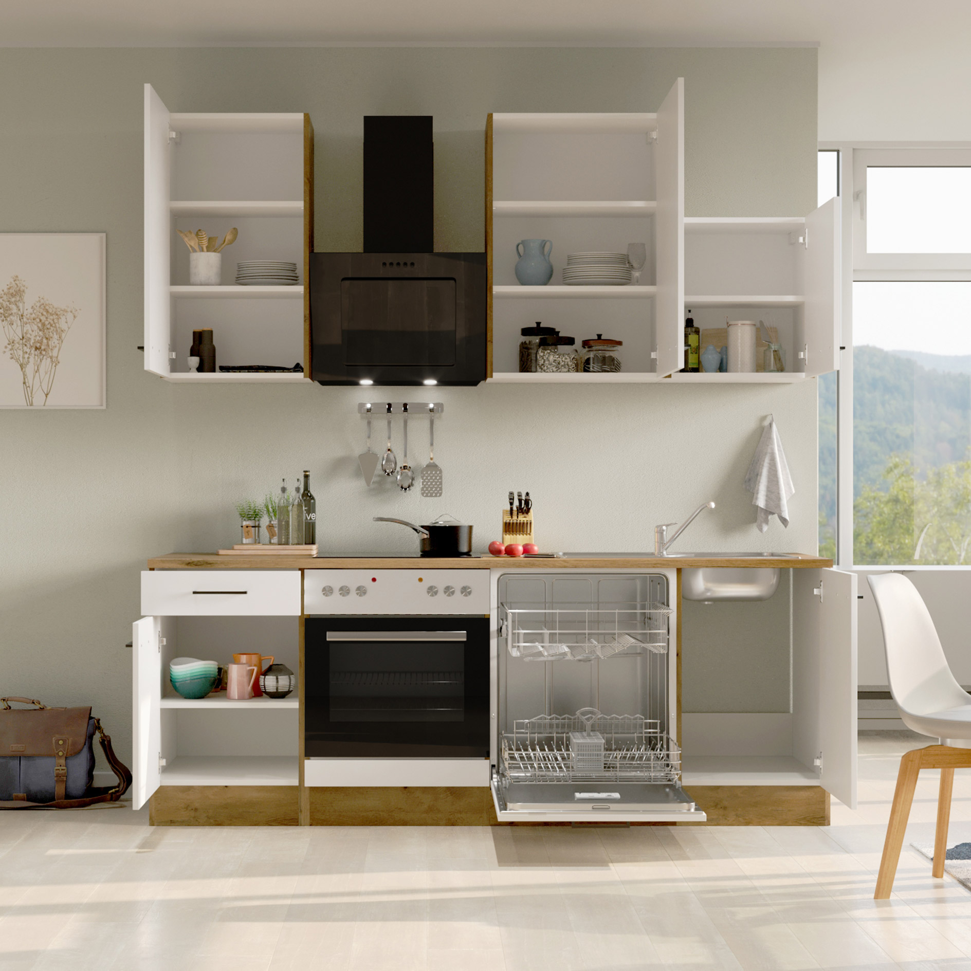 Küchenblock VINTEA - Magnolia matt - Lancelot Oak - mit E-Geräten - 220 cm