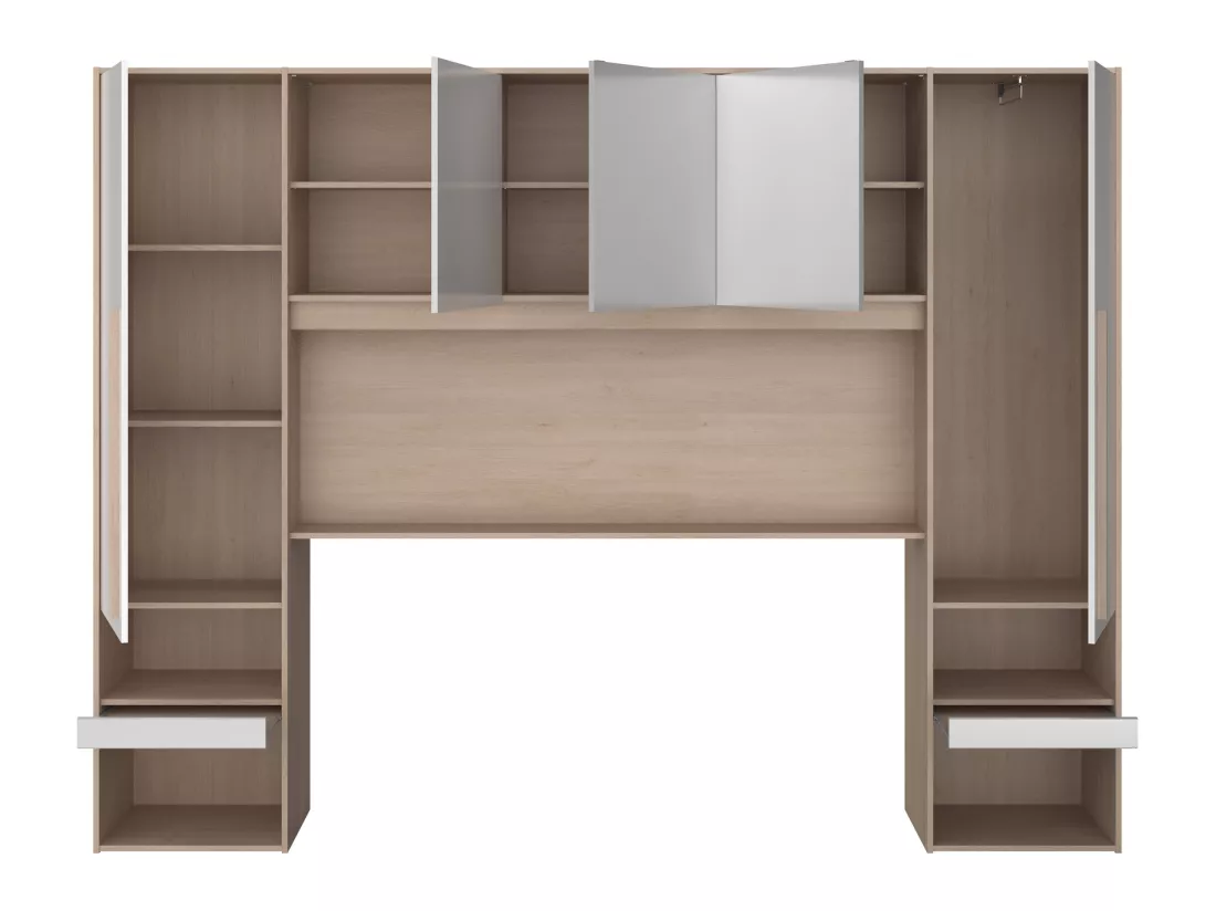 Lit pont 160 x 200 cm avec rangements - avec LEDs - Coloris : Naturel et blanc brillant + Sommier + Matelas - VELONA
