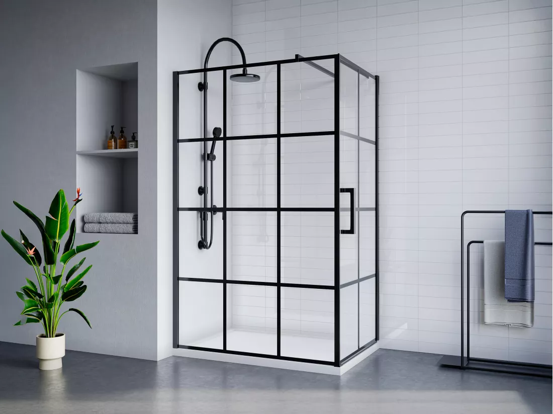 Paroi de douche fixe avec porte pivotante serigraphiée noir mat - 120 x 80 x 190 cm - CAPARICA