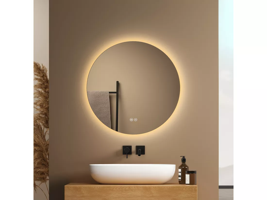 EMKE Miroir lumineux salle de bain rond diamètre 50cm, rétro-éclairage sans cadre, Miroir LED avec Interrupteur Tactile, Lumière Froide/Neutre/Chaude