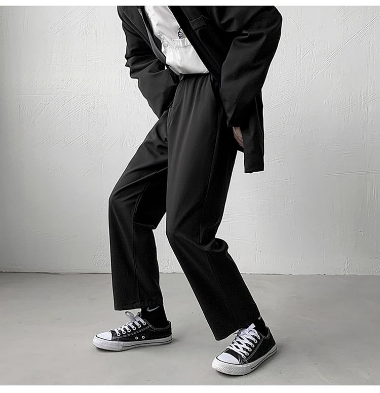 Sinlarity - Mid Rise Plain Cropped Straight Leg Dress Pants
