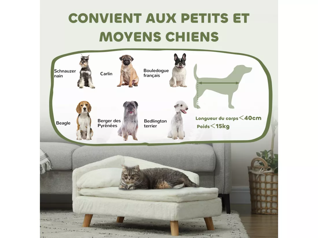 Canapé chien méridienne style scandinave 2 coussins déhoussables bois aspect fourrure crème