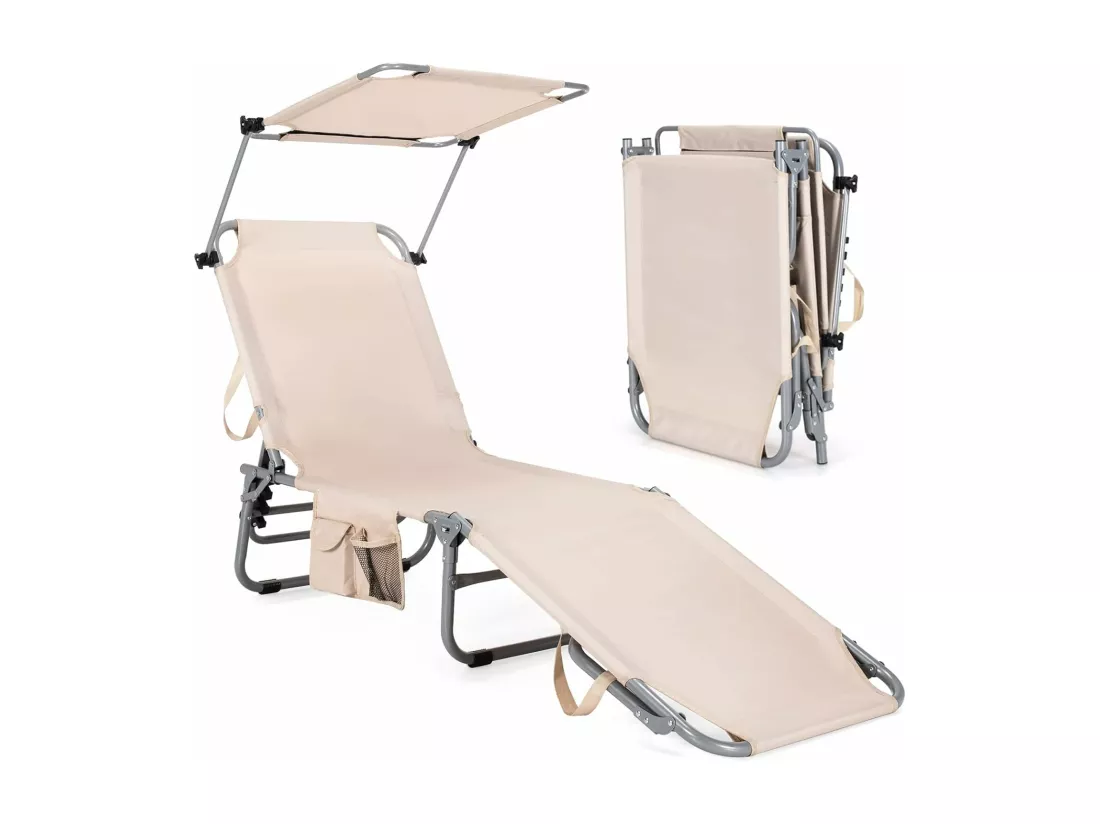 Chaise Longue Pliante Inclinable à 5 Positions avec Auvent Rotatif à 360°, pour CamBoisg Terrasse, Charge Max 150 kg, Beige