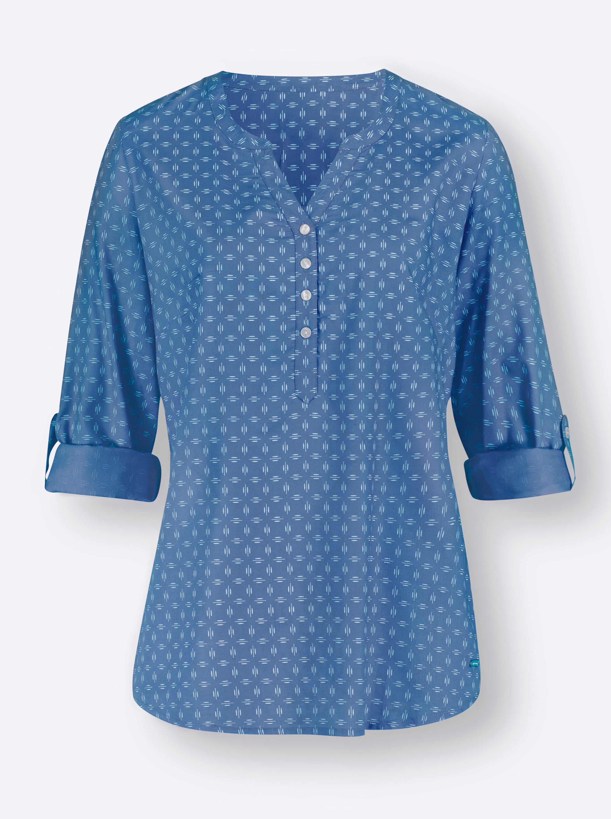 Schlupf-Bluse in mittelblau-weiß-bedruckt