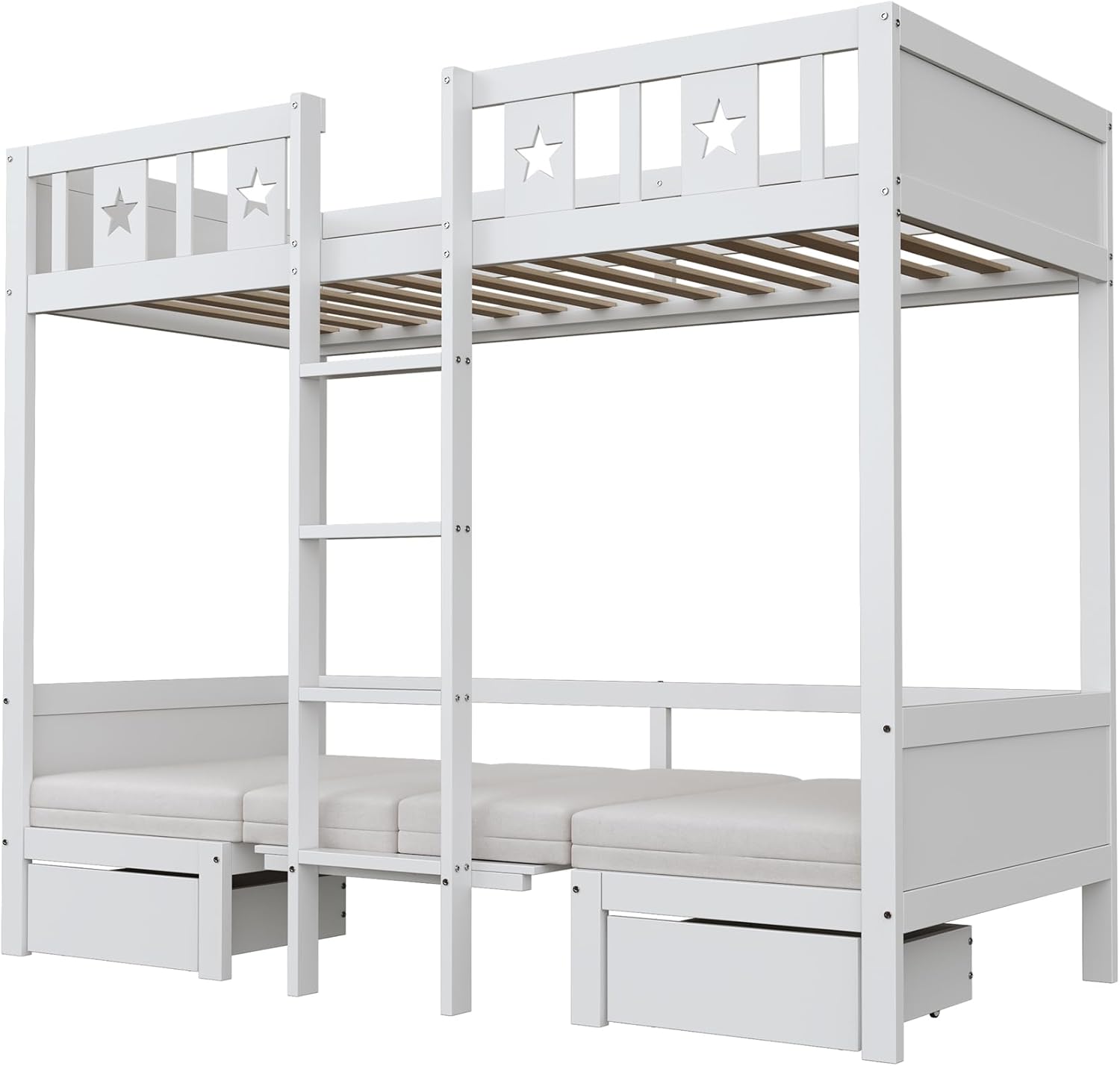 Platzsparendes Etagenbett für Kinder, Hochbett mit Flexibler Tisch und Holzsofa, Kinderbett mit Treppe und 2 Schubladen, 90x200cm Funktionsbett Stockbett Hochbett Jugendhochbett, Weiß, Ohne Matratze