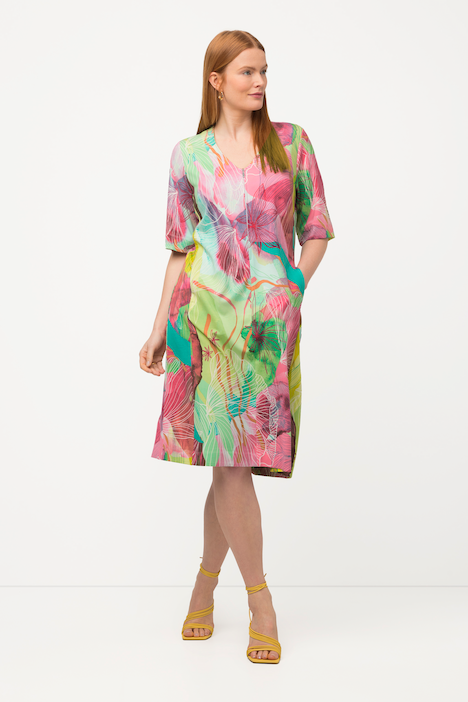 Midikleid, Zipper, A-Linie, V-Ausschnitt, 3/4-Arm