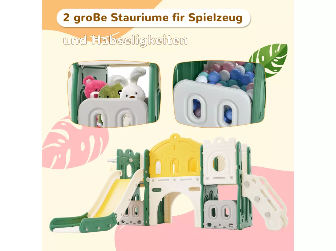 Toboggan pour enfants 6 en 1 - Avec panier de basket, toboggan, tour d'escalade, en PEHD (balles de mer non exclues) - Vert