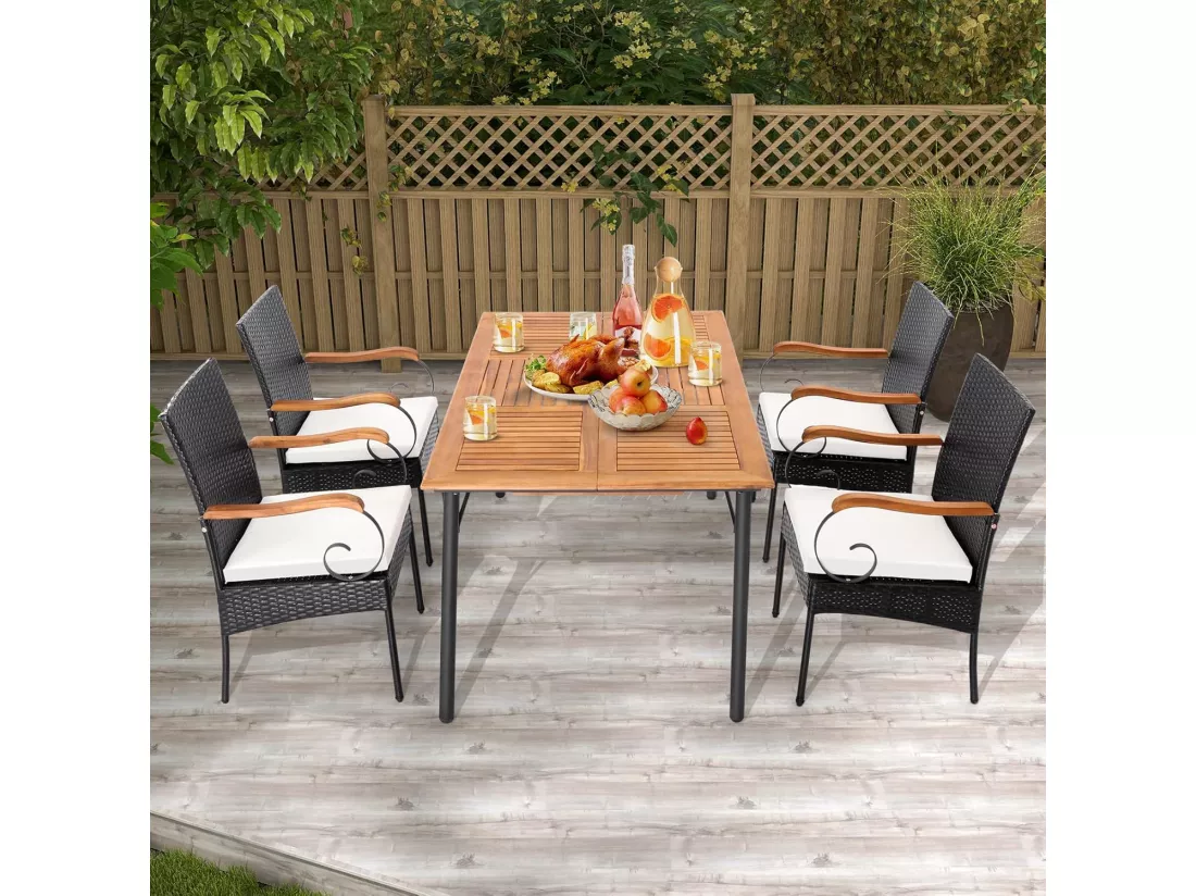 Fauteuil de Jardin Lot de 2 avec Coussins, Chaise Exterieur en Rotin et fibre naturelle PE avec Accoudoirs en Bois, Hauteur d'Assise 40 cm