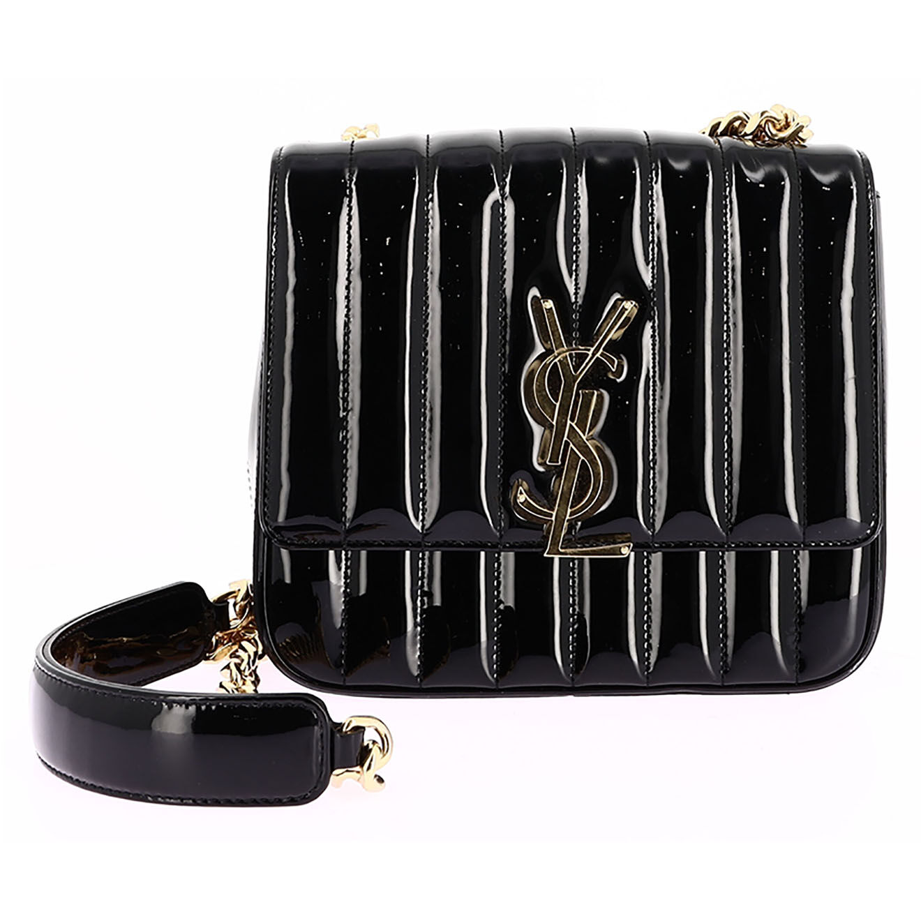 Saint Laurent Sac bandoulière Vicky en Cuir verni noir - Très bon état - L.20 cm