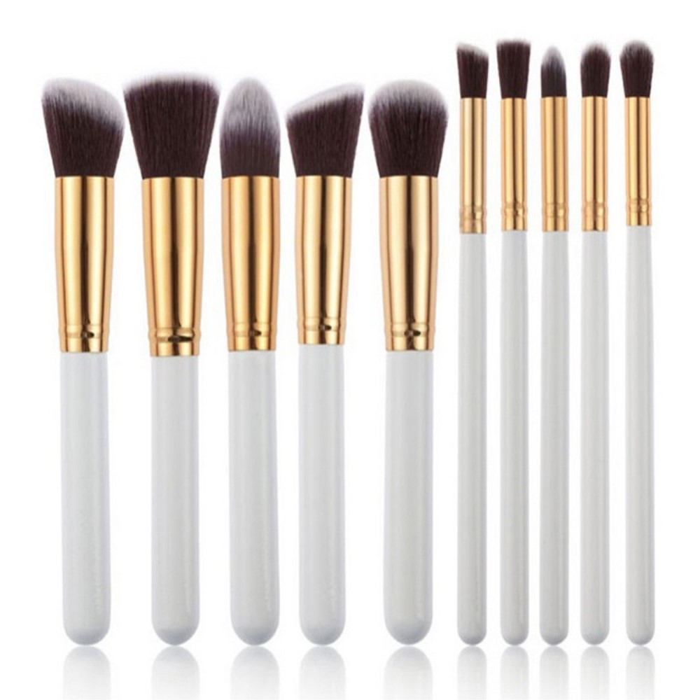 10-teiliges Beauty Make Up Puder Pinsel Set - Weiss / Gold
