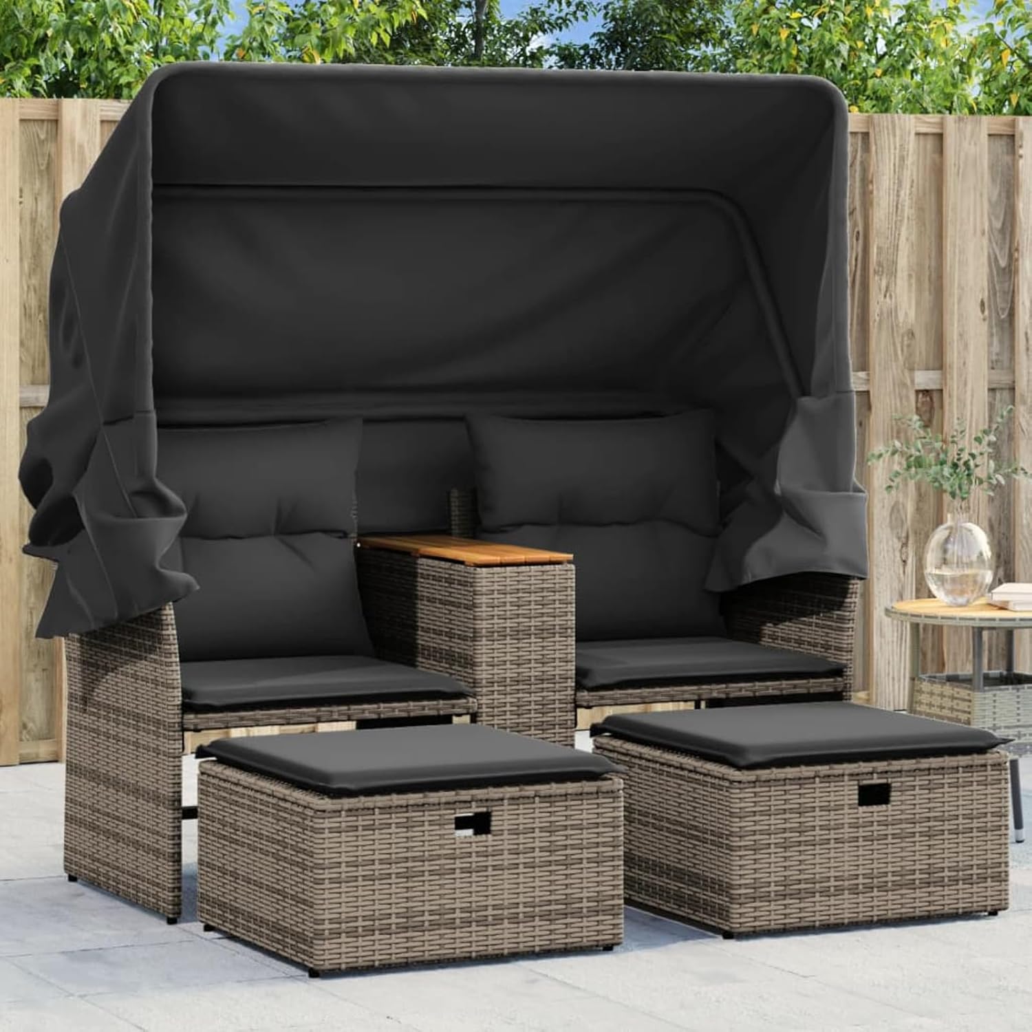 Gecheer Gartensofa 2-Sitzer mit Dach und Hockern Grau Poly Rattan, Gartenlounge Esstisch Lounge Möbel Set für Outdoor Garten Terrasse Balkon Möbel365801