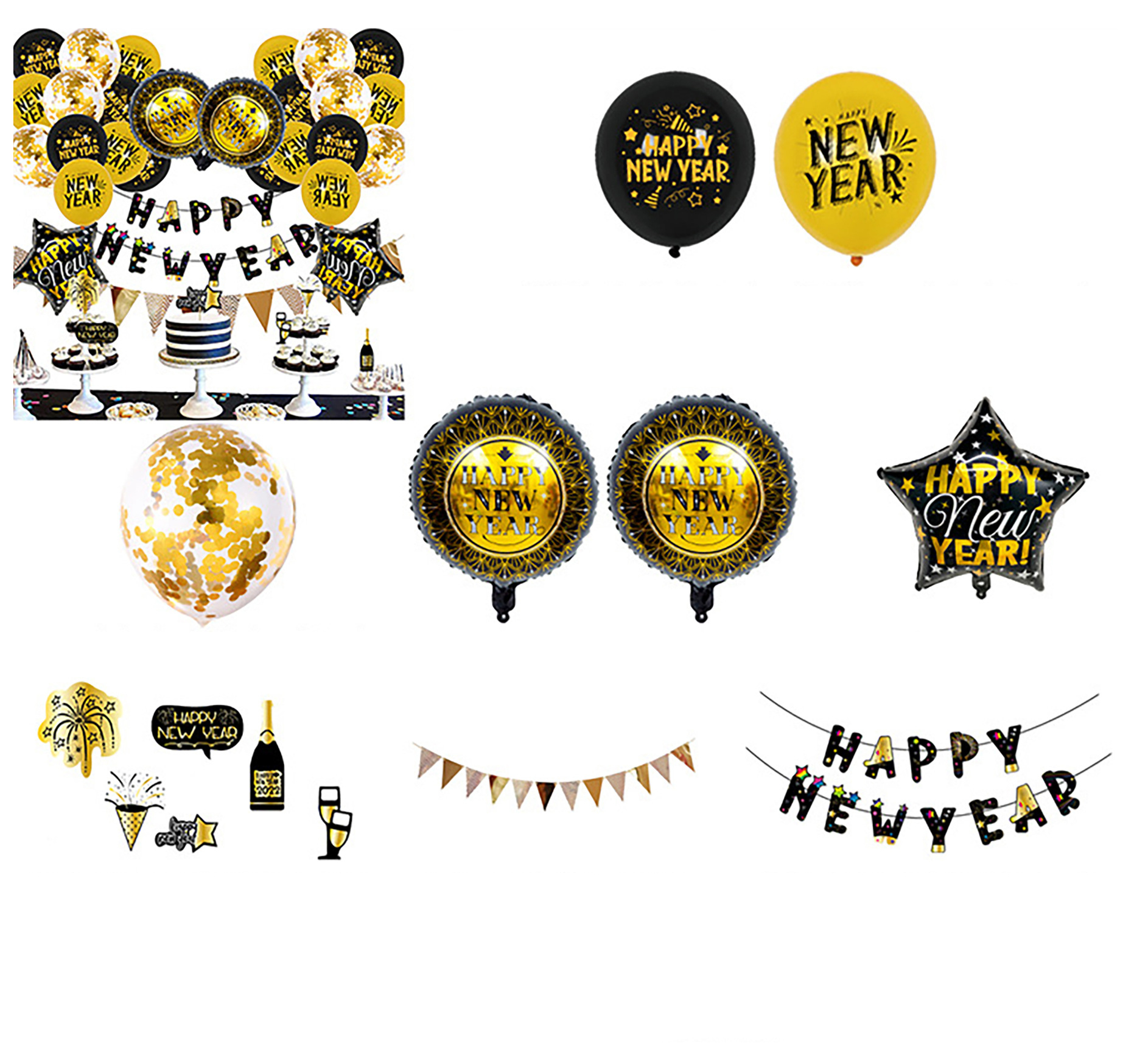 (38-tlg. Set) Happy New Year Girlande Silvester Party Dekoration   Folien Ballons / Kuchenstecker / Wimpelkette - Gold / Schwarz