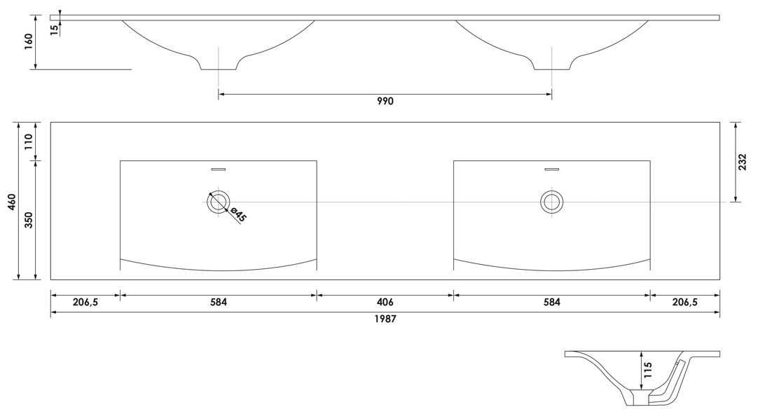 Brauer Glacier dubbele wastafel fine stone 200cm zonder kraangaten wit mat