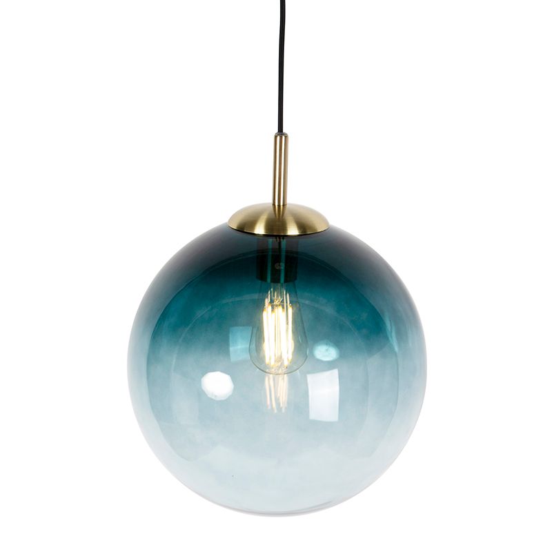 Art Deco hanglamp messing met oceaanblauw glas 33 cm - Pallon