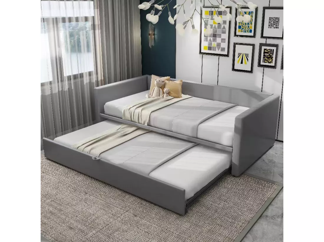 Lit gigogne 90/180x200cm, lit capitonné canapé-lit extensible avec sommiers à lattes, lit multifonctionnel en tissu velours style moderne - gris