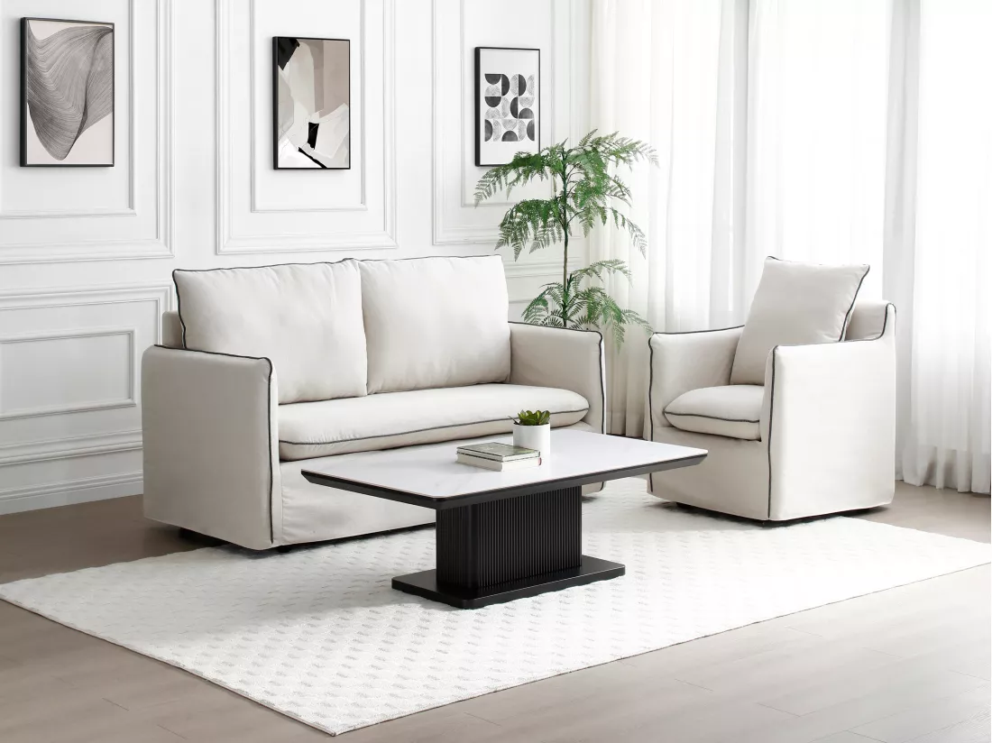 Table basse en céramique et MDF - Effet marbre blanc et Noir - LAOMINIA