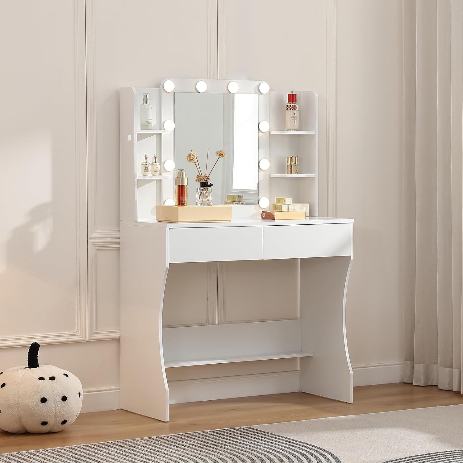 Small Makeup Vanity Desk Klein Schminktisch mit Spiegel und Beleuchtung, 2 Schubladen, Schminktisch,3 einstellbare Farbhelligkeitsstufen, für Schlafzimmer,weiß（0140）