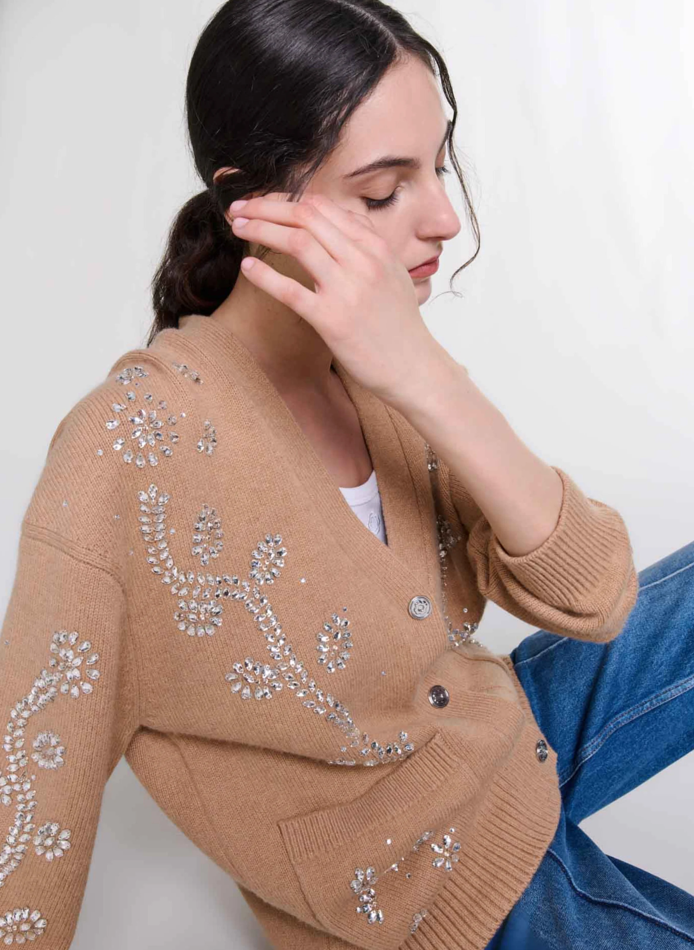 Cardigan ample à strass fleurs | Beige