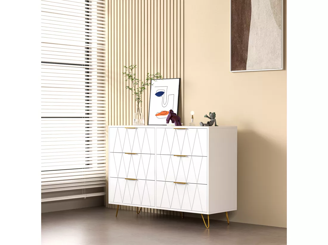 Buffet bas avec 6 Tiroirs - Commode - Bois MDF et métal doré - 100 x 34 x 73cm - Blanc